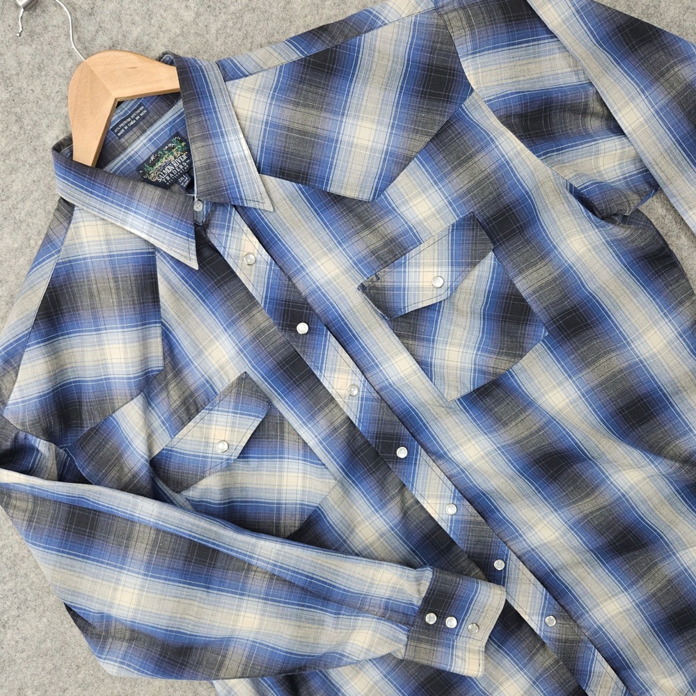 Salmon River Traders Western Shirt Men's Blue 2XL Tall Pearl Snap Plaid Vintage